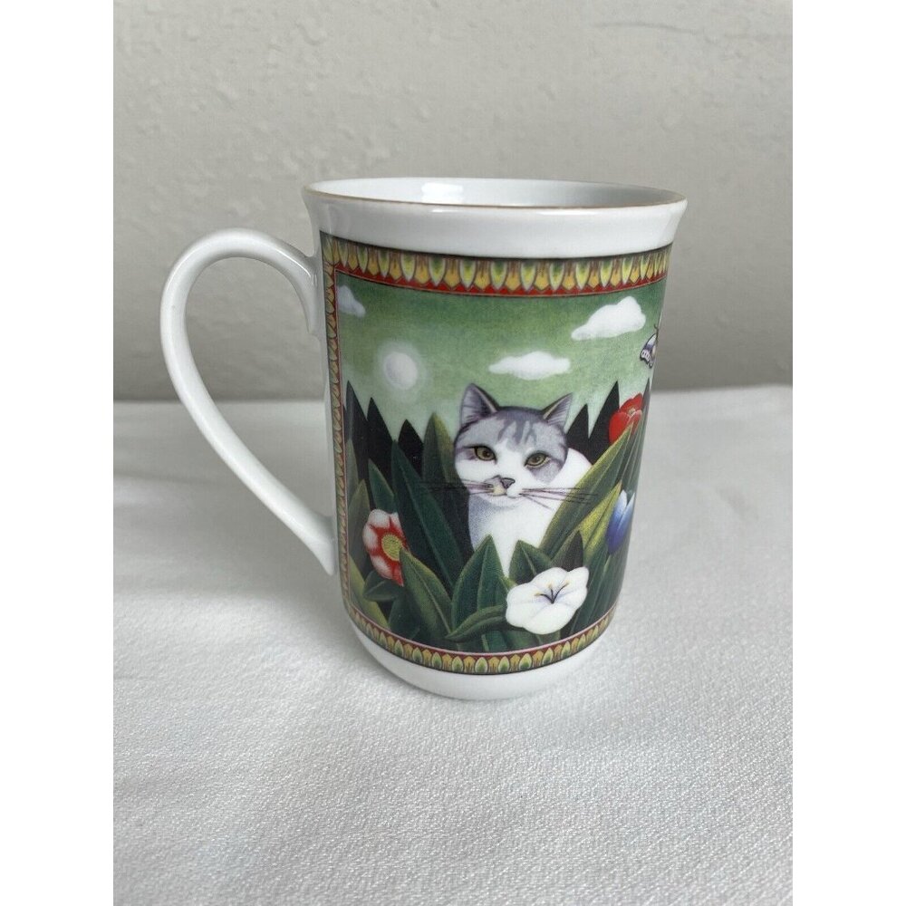 Russ Berrie Four Seasons Mug Cup White Gray Cats In Flower Garden Ceramic 8oz. - Picture 3 of 8